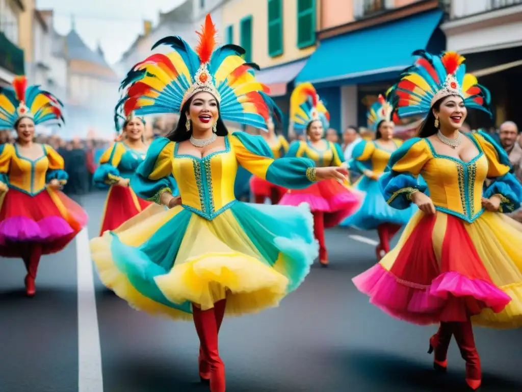 Danza alegre de Carnaval Uruguayo con colores vibrantes y movimientos dinámicos, ideal para aplicaciones aprender bailar Carnaval Uruguayo