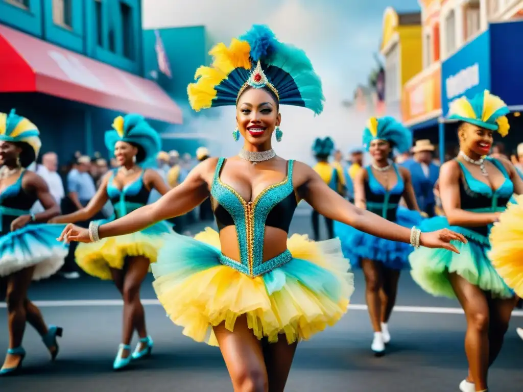 Danza avanzada en Carnaval: bailarines con coloridos trajes en un desfile animado