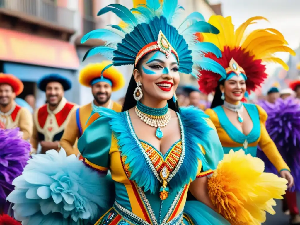 Danza colorida en Carnaval Uruguayo con trajes sostenibles y detallados