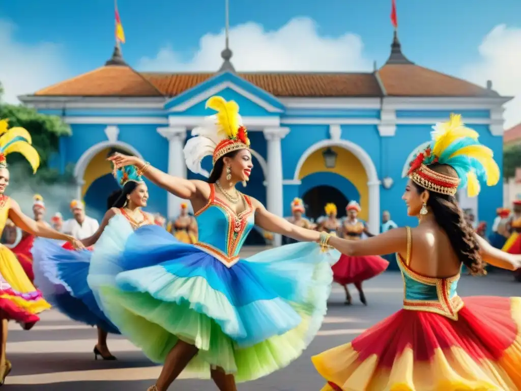 Danza colorida de Carnaval Uruguayo en museo histórico con riqueza cultural