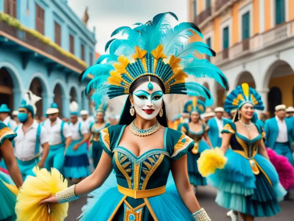 Danzantes del Carnaval Uruguayo en trajes tradicionales con plumas y máscaras coloridas, celebrando entre edificaciones coloniales