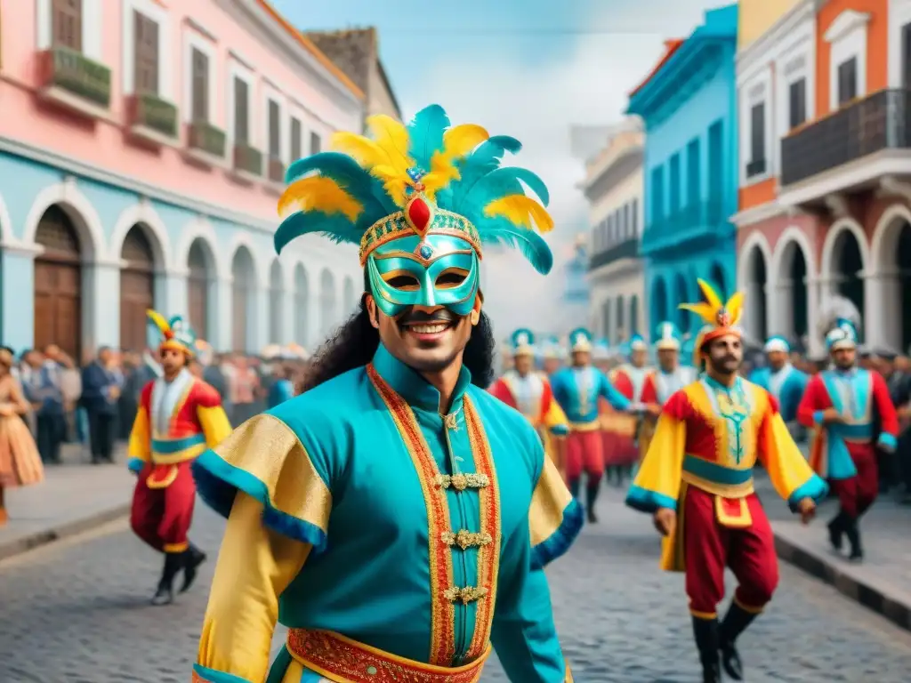 Danzarines en Carnaval Uruguayo inspiran marca cultural con coloridas vestimentas y alegría festiva