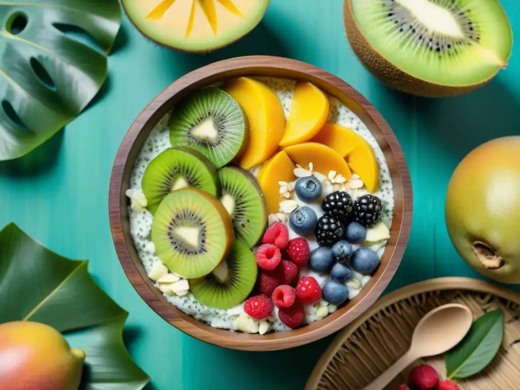 Deliciosa bowl tropical rodeada de frutas exóticas en la selva, ideal para recuperación muscular postCarnaval alimentos