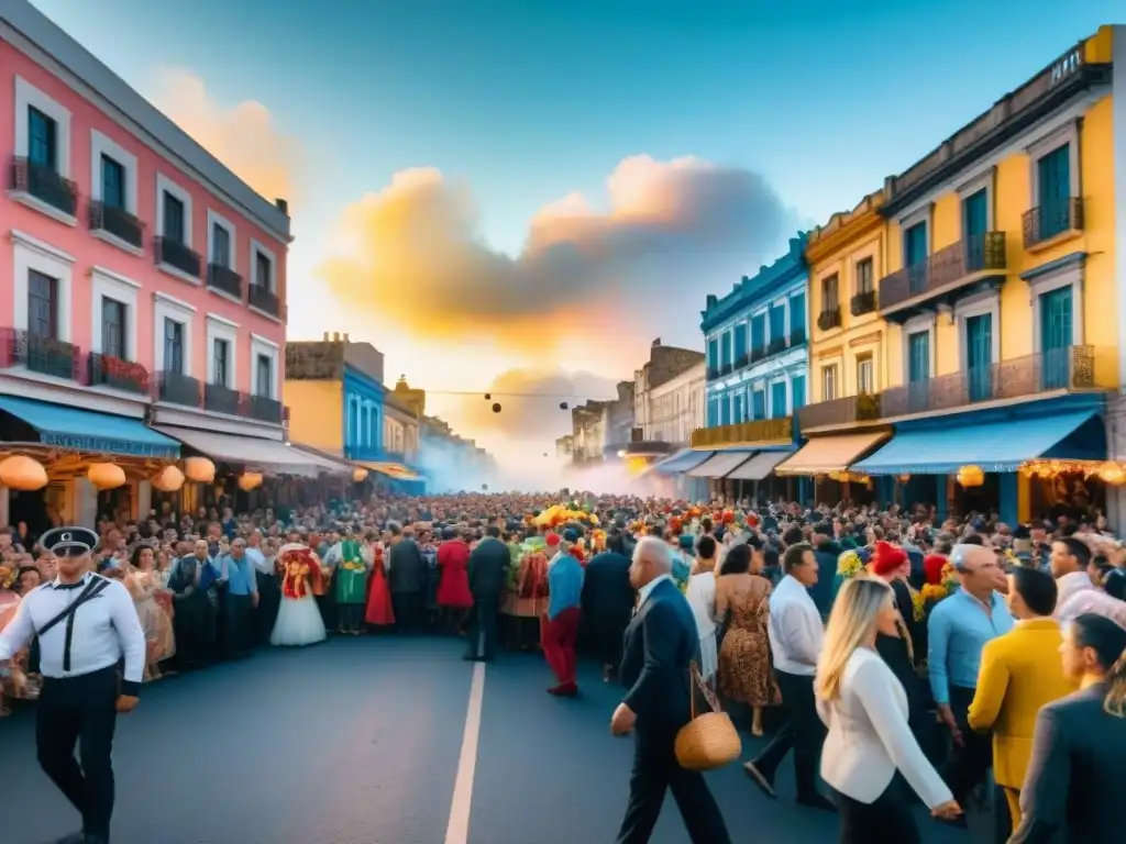 Desafíos organizadores Carnaval Uruguayo: Desfile colorido con bailarines, espectadores y fuegos artificiales en las calles de Uruguay