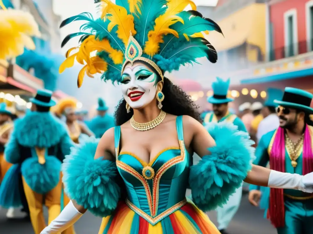 Un desfile alegre de artistas de Carnaval, con vestuarios vibrantes y detallados