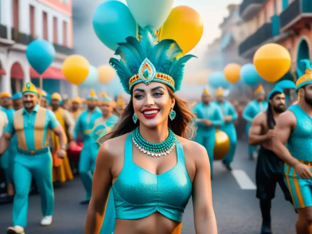 Desfile alegre de Carnaval en Uruguay con coloridos carros alegóricos, bailarines y espectadores felices