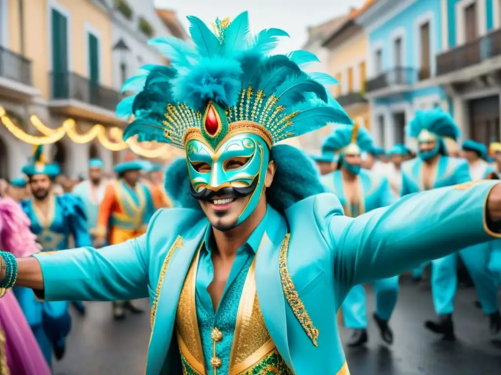 Desfile alegre de Carnaval en Uruguay con coloridos trajes y música festiva