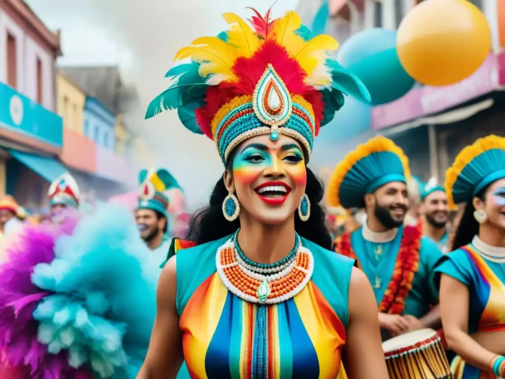 Desfile alegre de comparsas LGBT+ en Carnaval Uruguayo