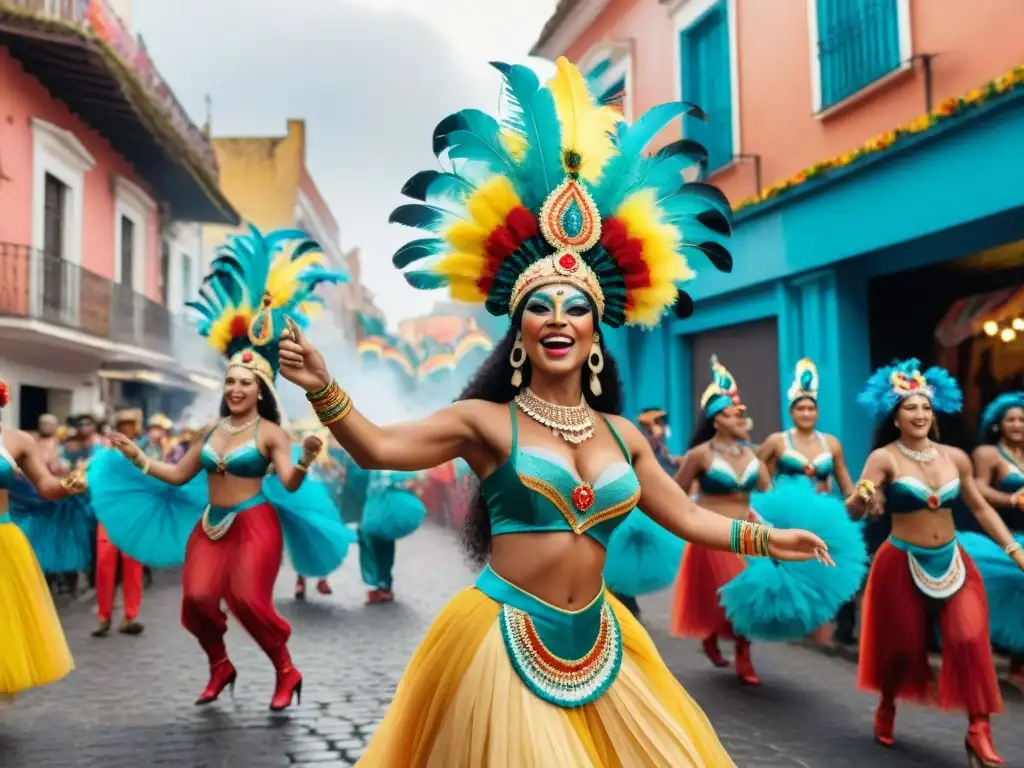 Desfile alegre en el Carnaval Uruguayo, con músicos y bailarines en trajes coloridos