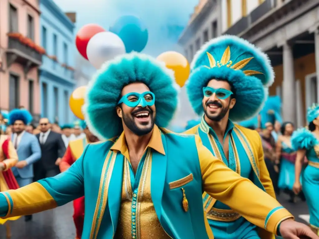 Desfile alegre del Carnaval Uruguayo 2021 con coloridos trajes, bailarines energéticos y carrozas intrincadas en las calles