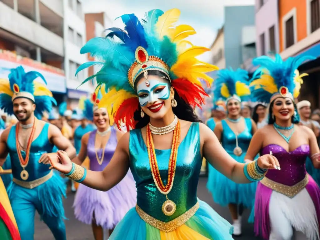 Desfile alegre de comparsas LGBT+ en el Carnaval Uruguayo