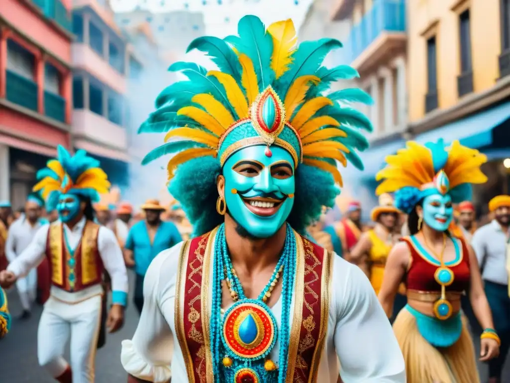 Desfile alegre del Carnaval Uruguayo con máscaras y trajes coloridos, mostrando la creatividad del Carnaval Uruguayo