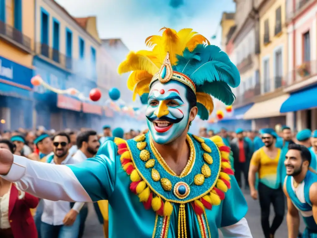 Desfile alegre del Carnaval Uruguayo, floats coloridos y danzas vibrantes en la ciudad