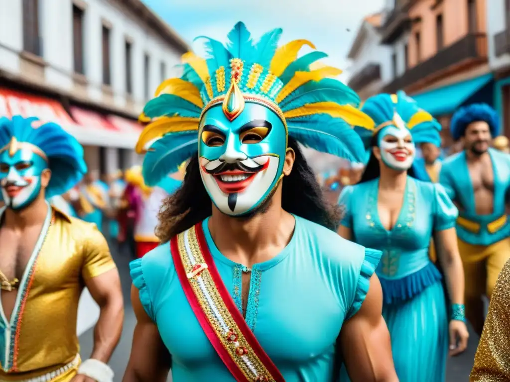 Desfile alegre del Carnaval Uruguayo con coloridos trajes y música tradicional