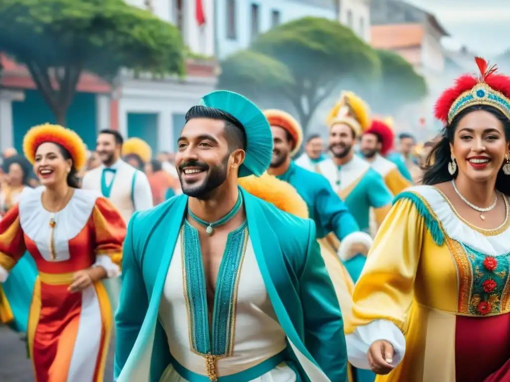 Desfile alegre en el Carnaval Uruguayo con trajes coloridos, arquitectura tradicional y emprendimiento sostenible