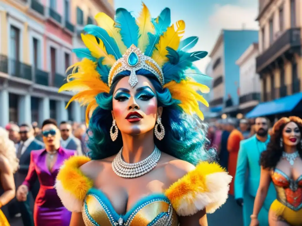 Un desfile alegre de Drag Queens en Carnaval Uruguayo, con trajes extravagantes y maquillaje brillante, en medio de una atmósfera festiva y diversa