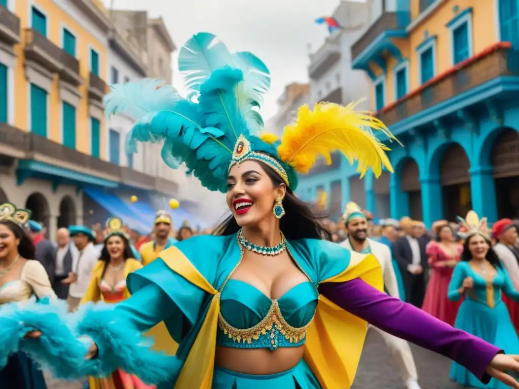 Desfile alegre de Carnaval en Montevideo con vibrante colorido y arquitectura