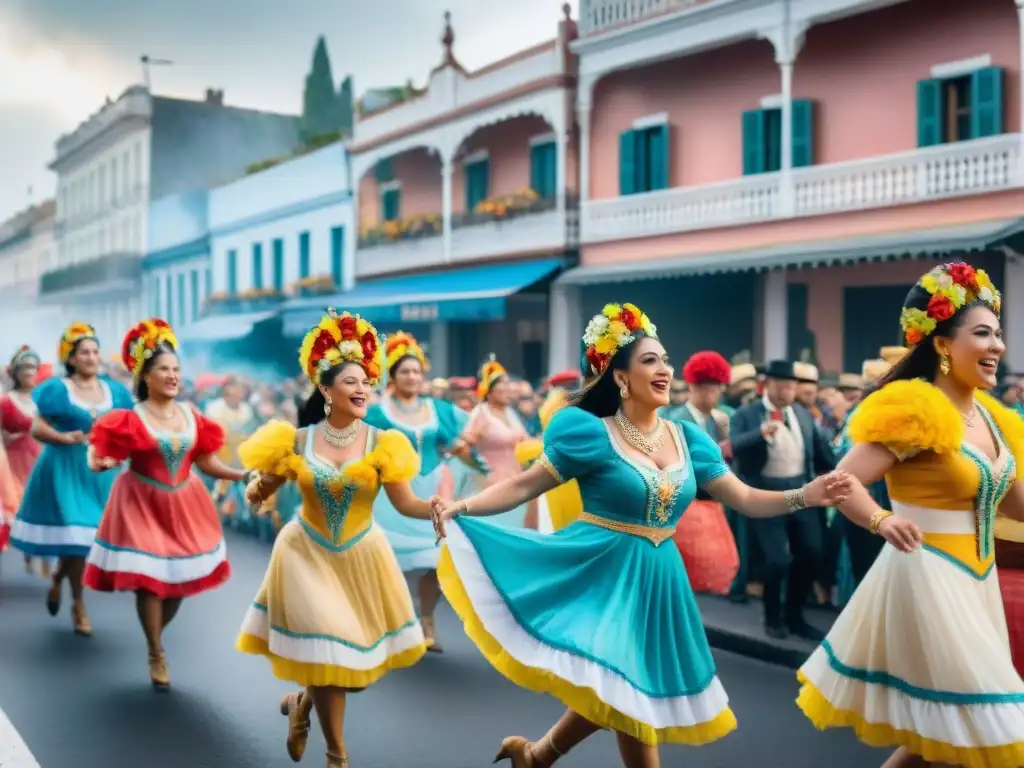 Desfile alegre y colorido del Carnaval Uruguayo con música tradicional, bailarines y carrozas decoradas con flores