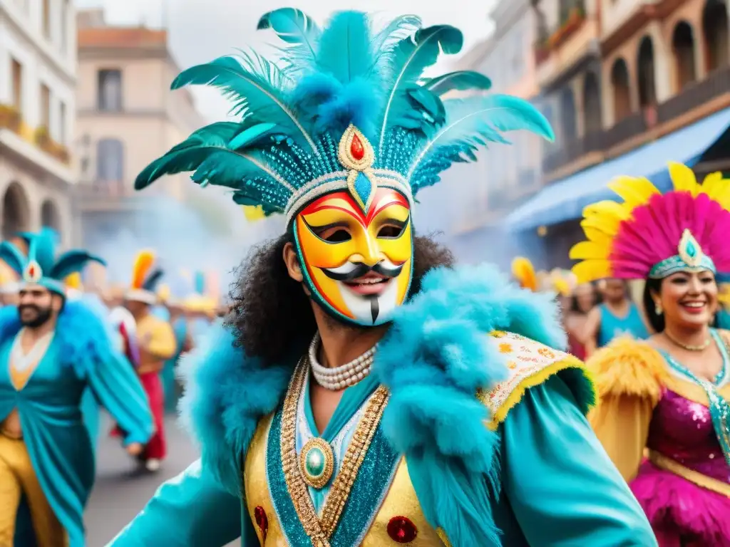 Desfile alegre y colorido durante el Carnaval Uruguayo con carros alegóricos y artistas en trajes extravagantes, aumentando la emoción festiva