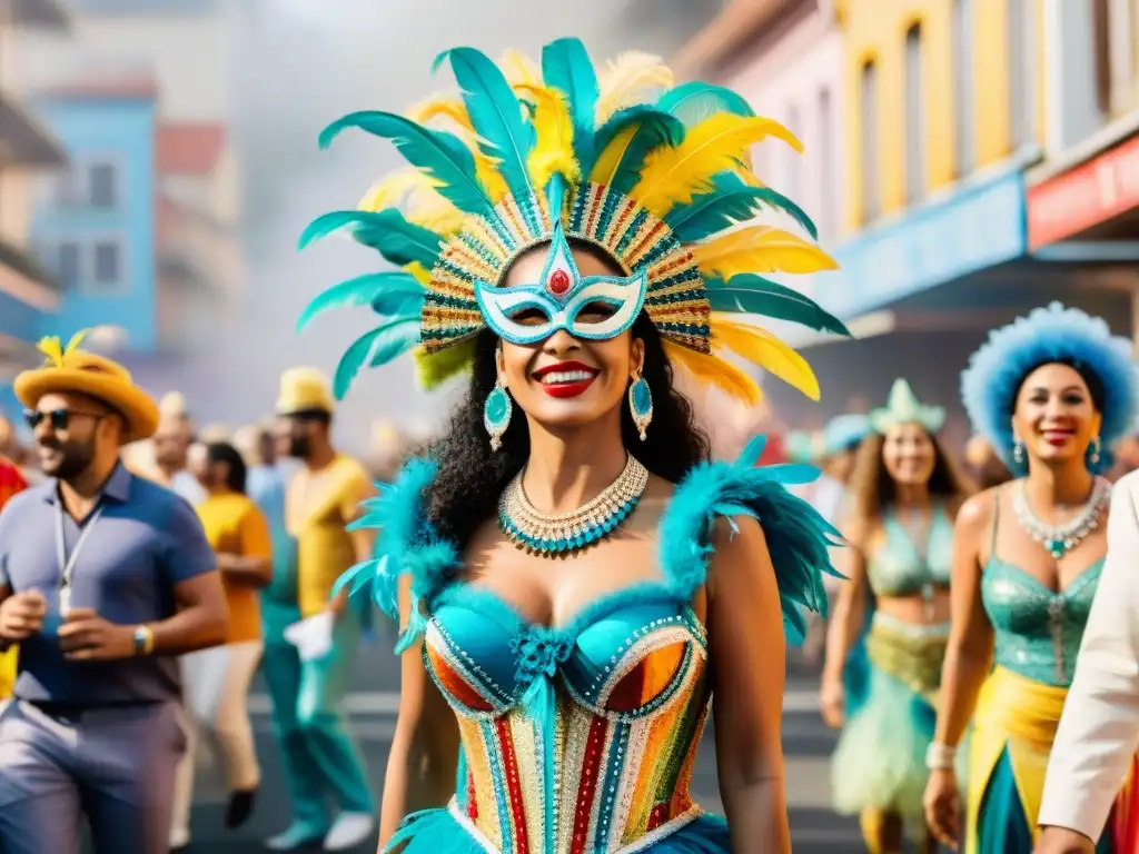 Un desfile alegre y colorido de personas con vestuario sostenible en el Carnaval Uruguayo