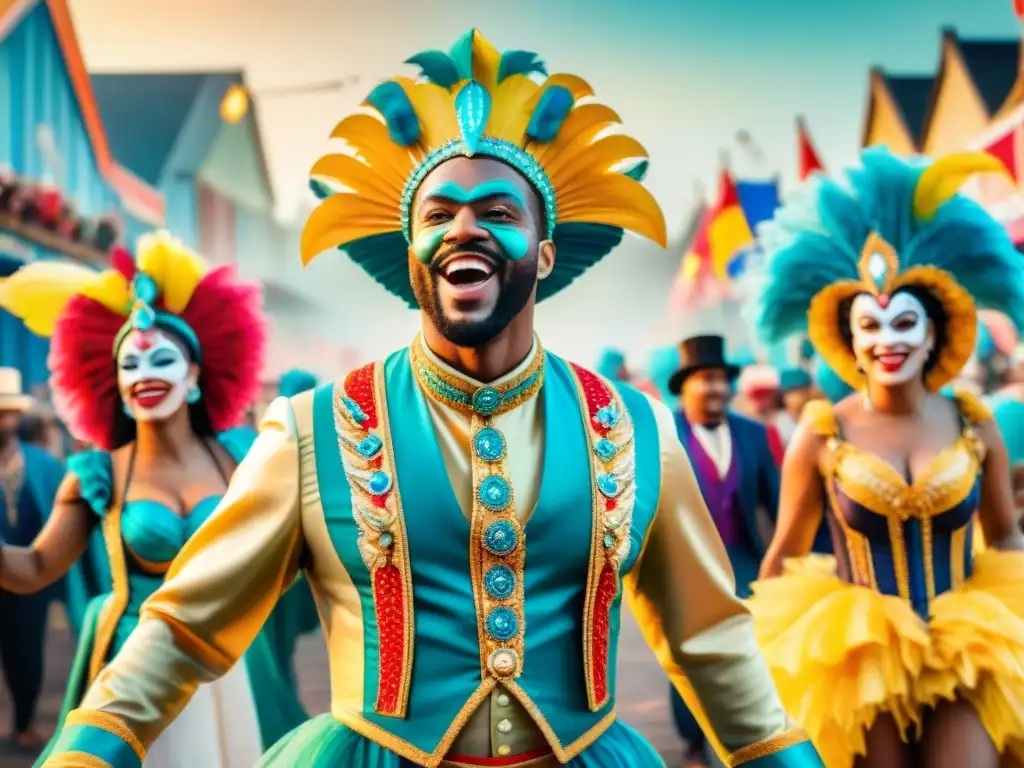 Desfile alegre de diversidad en trajes de Carnaval representando la evolución histórica