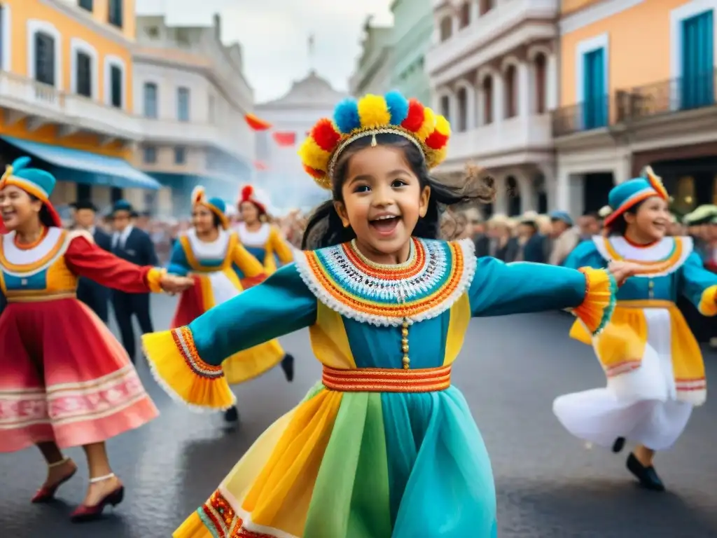 Desfile alegre de niños en trajes de Carnaval Uruguayo, bailando y tocando música en Montevideo