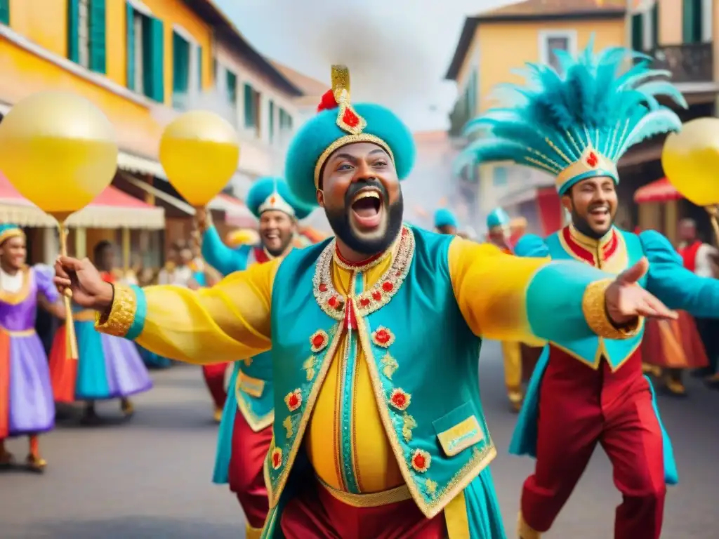 Un desfile alegre de niños en trajes de carnaval tradicionales, con rostros pintados y expresiones de pura emoción