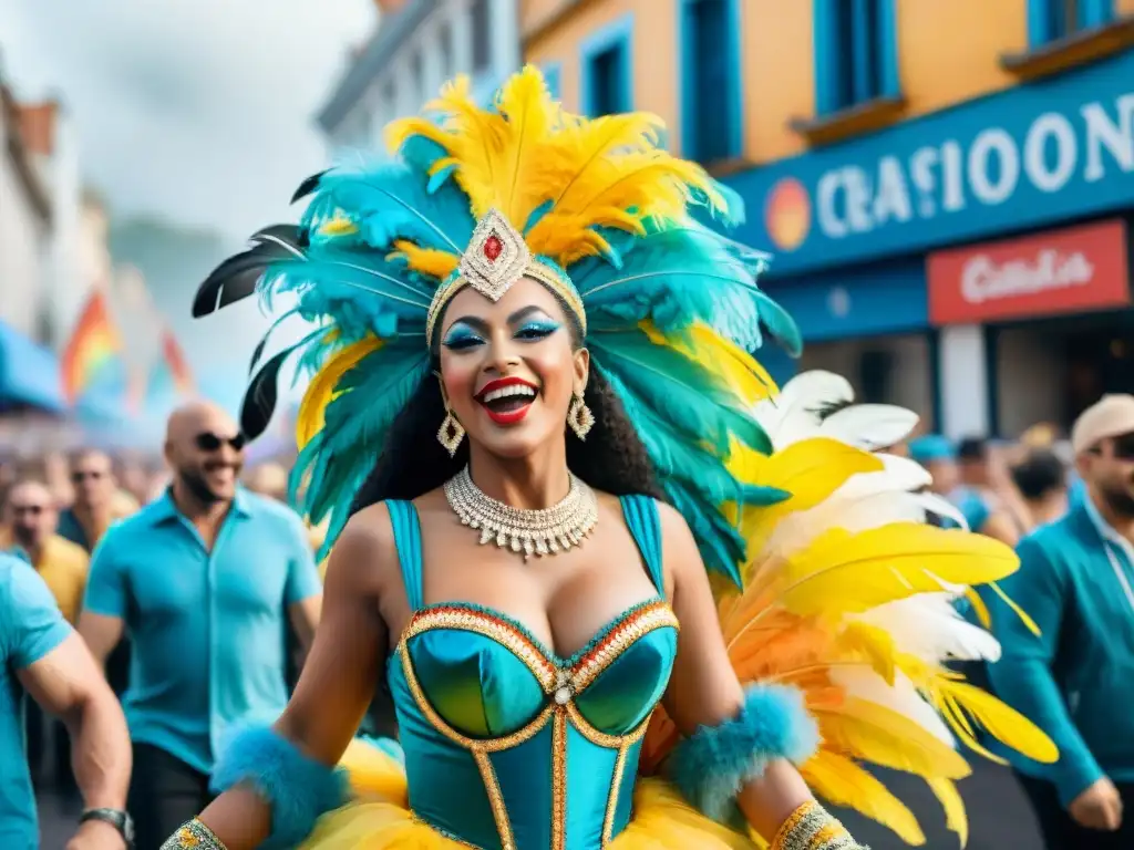 Desfile alegre de comparsas LGBT+ en Uruguay, con vistosos trajes y plumas