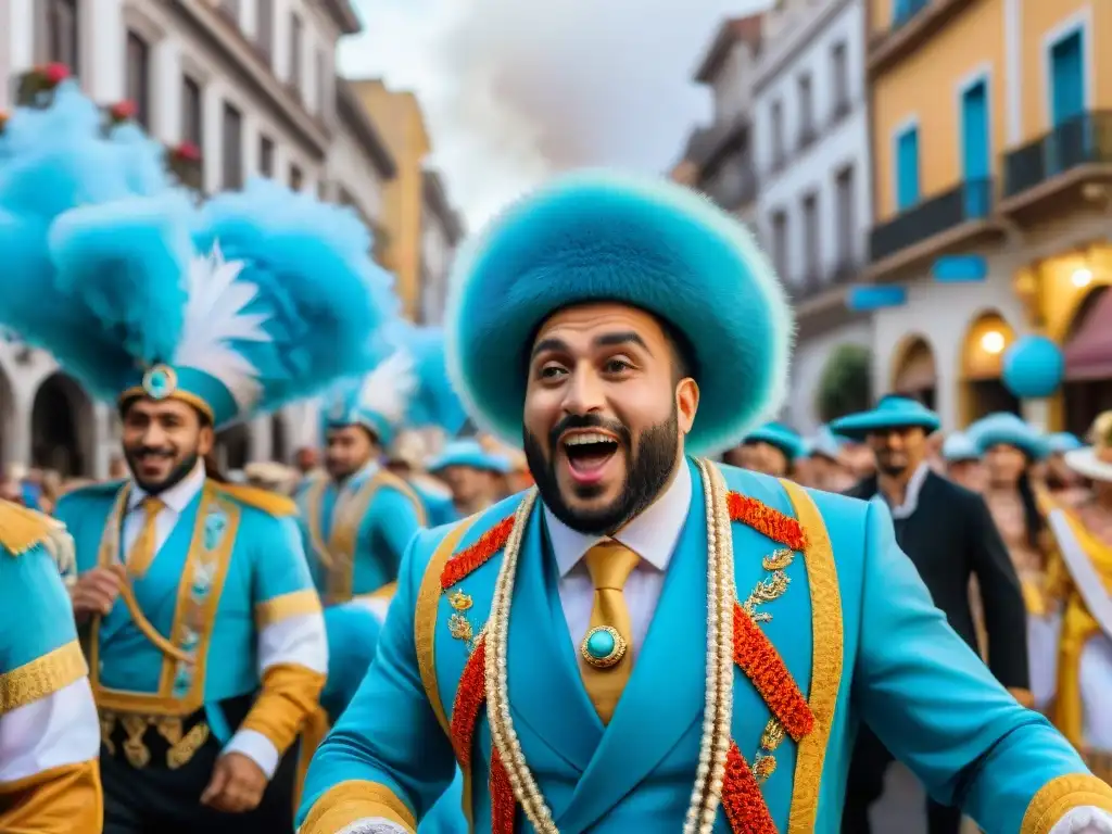 Desfile animado del Carnaval Uruguayo en el mundo con carrozas coloridas, danzarines y espectadores emocionados