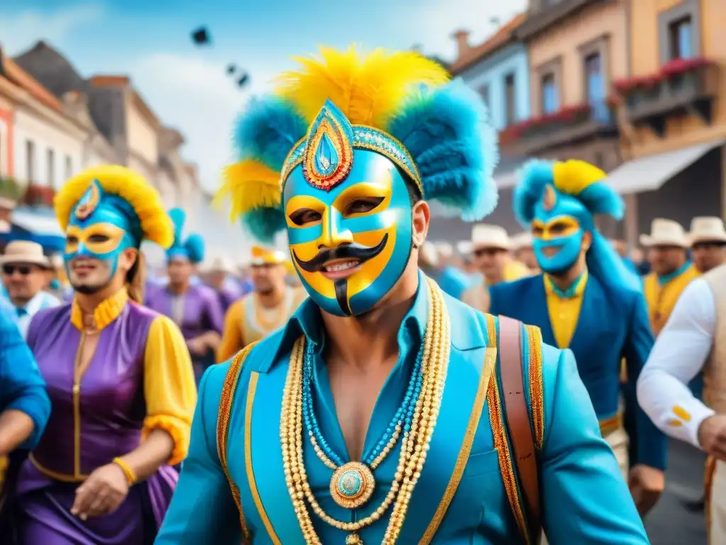 Desfile animado del Carnaval Uruguayo en Europa con trajes coloridos y máscaras