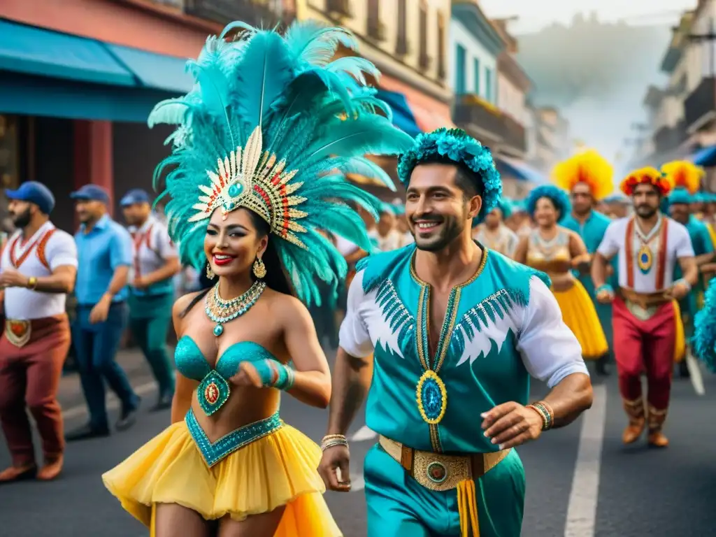 Desfile animado del Carnaval Uruguayo con carrozas coloridas, bailarines y espectadores