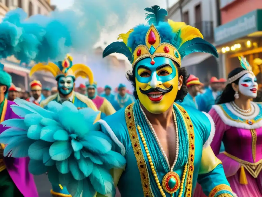 Desfile animado en Carnaval Uruguayo con trajes coloridos, música y espectadores emocionados en Montevideo