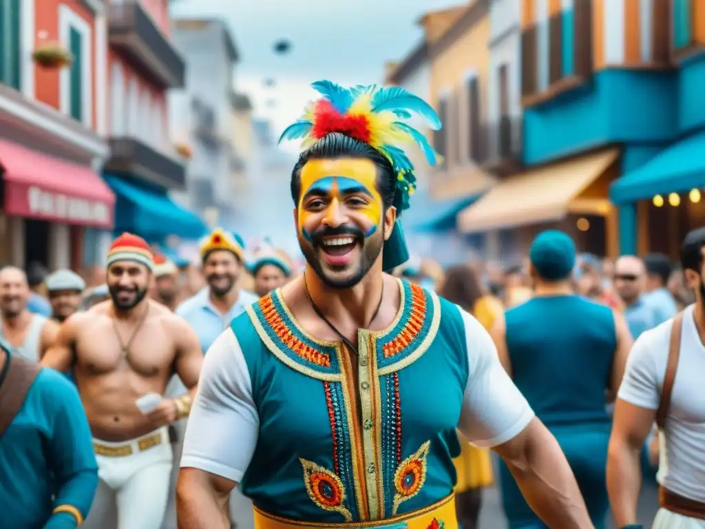 Desfile animado del Carnaval Uruguayo con trajes coloridos, bailarines y carros alegóricos