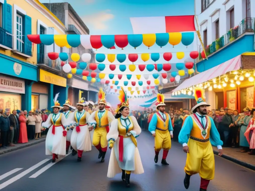 Desfile animado de comparsas en Carnaval de Uruguay con trajes tradicionales y modernos