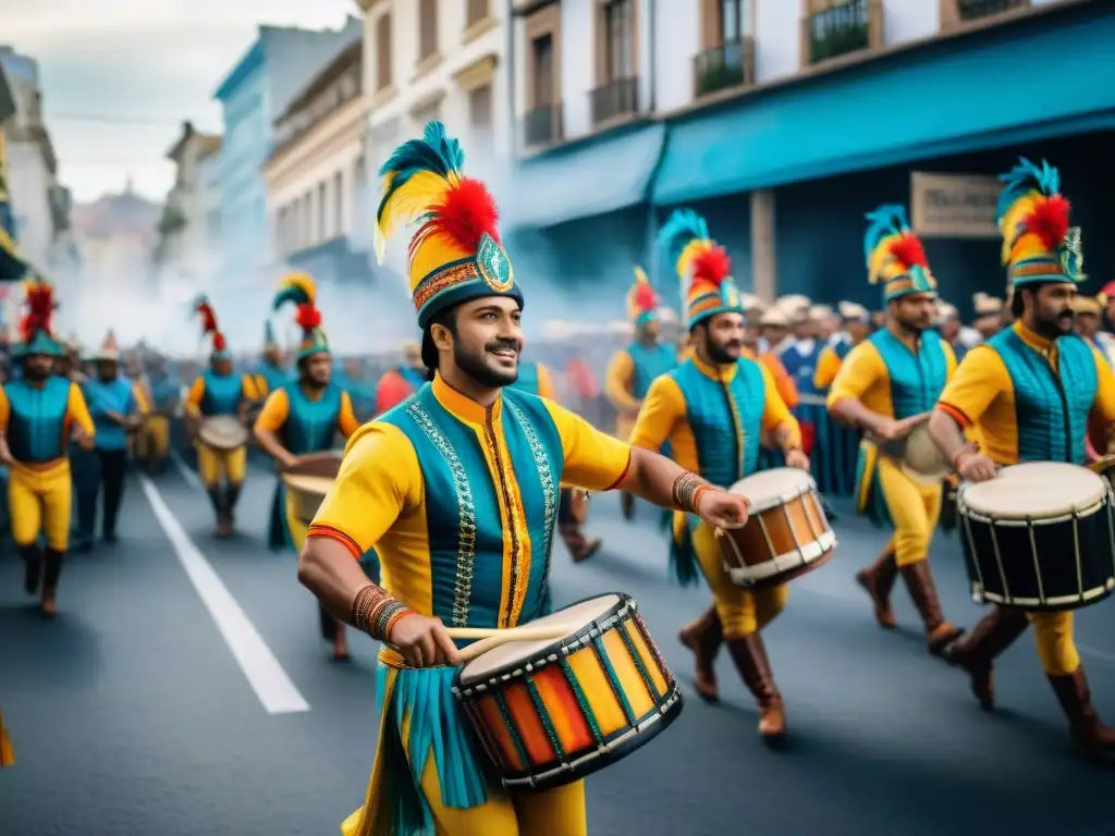 Desfile animado con comparsas coloridas y alegres en el Carnaval Uruguayo, reflejando la historia y la energía festiva