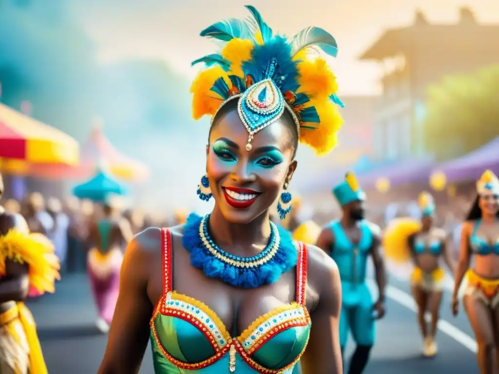 Un desfile de artistas en vibrantes trajes de carnaval bajo el sol, resaltando la importancia de los cuidados dermatológicos para artistas