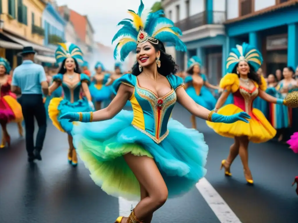 Desfile de bailarines coloridos en el Carnaval de Uruguay, detallados y festivos