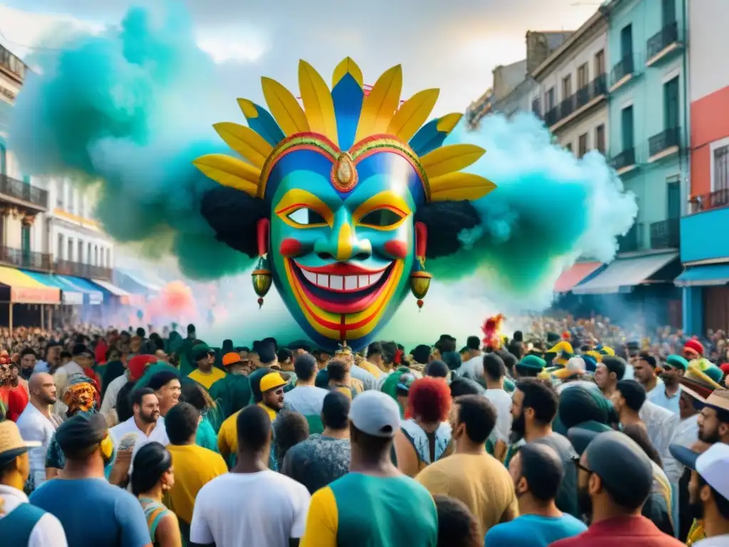 Un desfile callejero vibrante en el Carnaval Uruguayo con graffiteros y coloridas carrozas