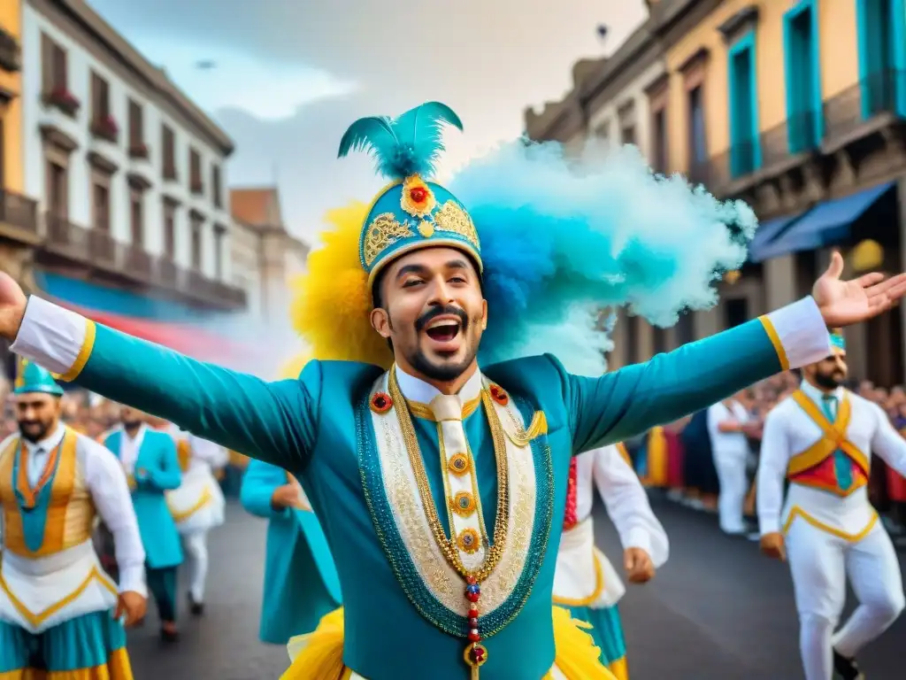 Desfile callejero vibrante con músicos y bailarines en el Carnaval Uruguayo