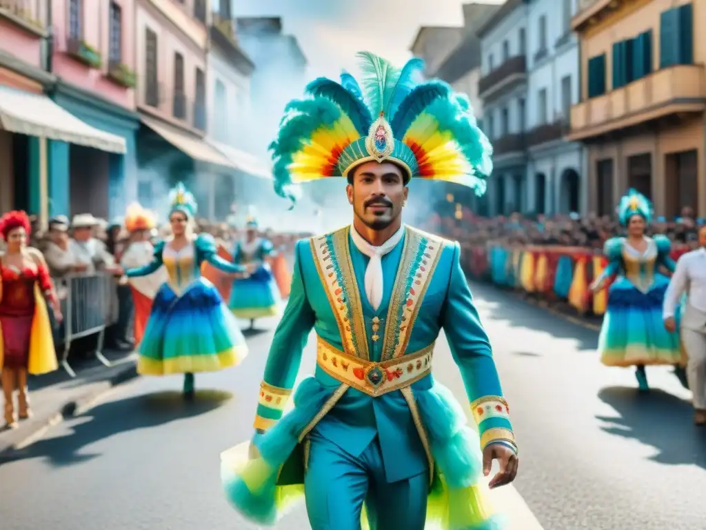 Desfile de Carnaval en Uruguay con bailarines y carrozas coloridas