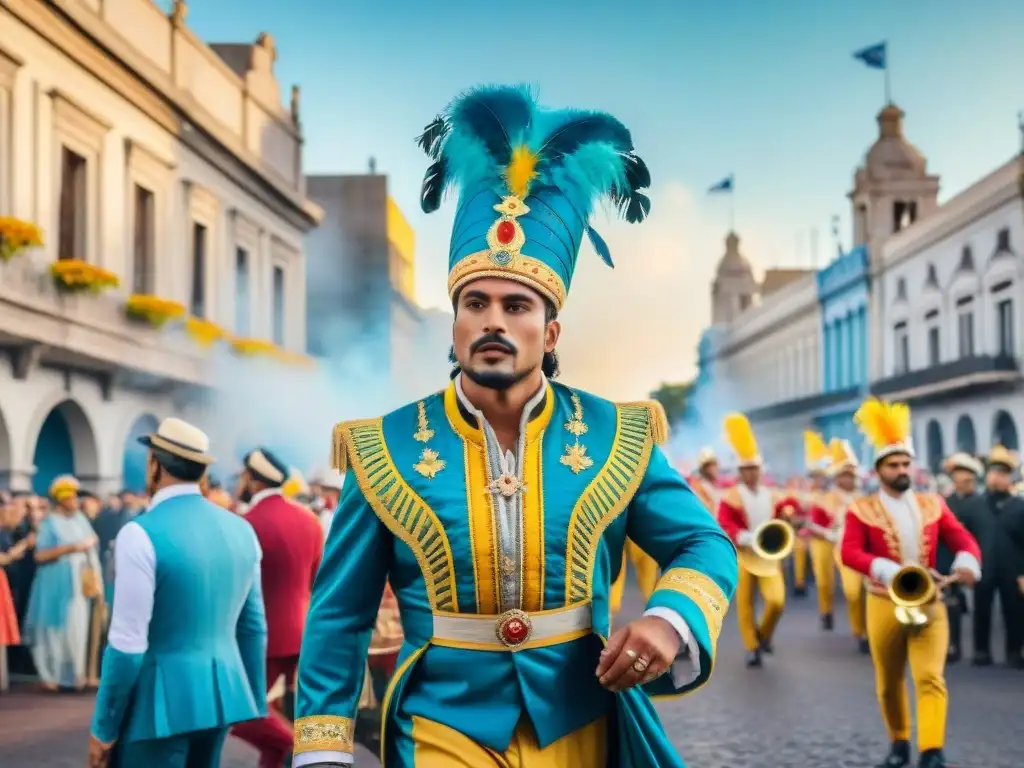 Desfile de Carnaval en Uruguay con bailarines y músicos, bajo el cálido sol