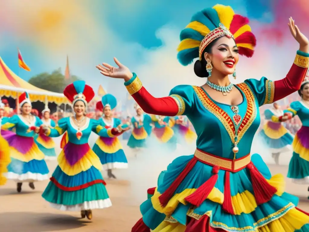 Un desfile de Carnaval en Uruguay con bailarines y trajes coloridos ricos en significados