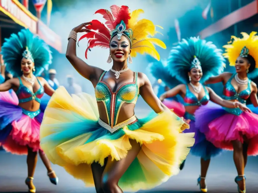 Un desfile de Carnaval con bailarines vibrantes en trajes elaborados, moviéndose al ritmo de la música