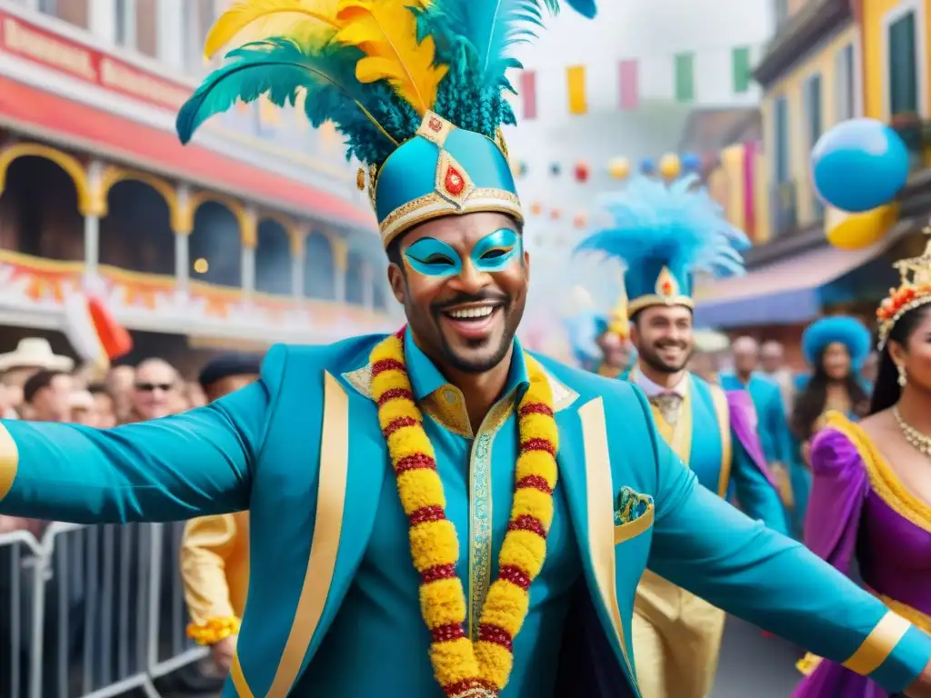 Un desfile de carnaval colorido y animado, con disfraces elaborados y música alegre, celebra la cultura festiva