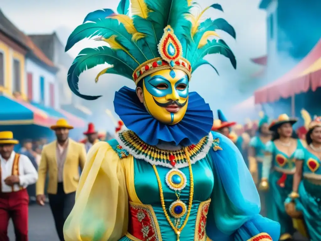 Desfile de Carnaval en Uruguay con coloridos carros alegóricos, bailarines y espectadores, en una vibrante escena festiva