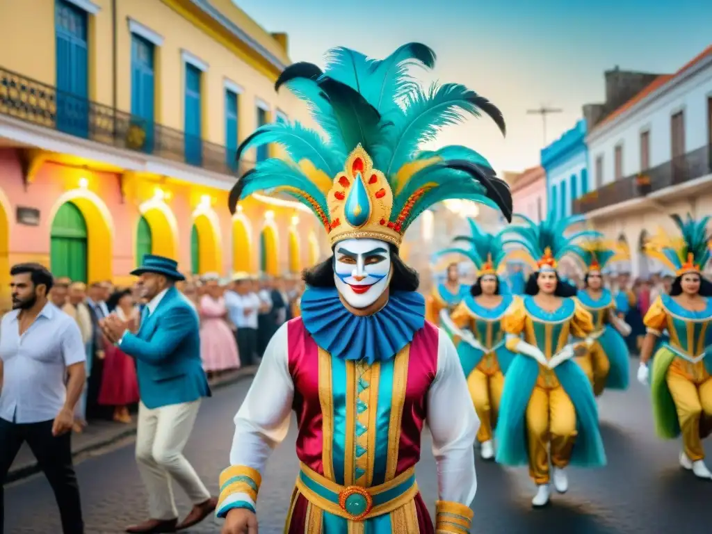 Desfile de Carnaval en Uruguay: coloridos carros alegóricos, danzarines y espectadores disfrutando la festividad