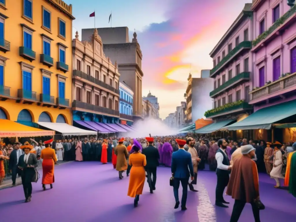 Desfile de Carnaval en Montevideo, Uruguay, con coloridos diseños y plumas