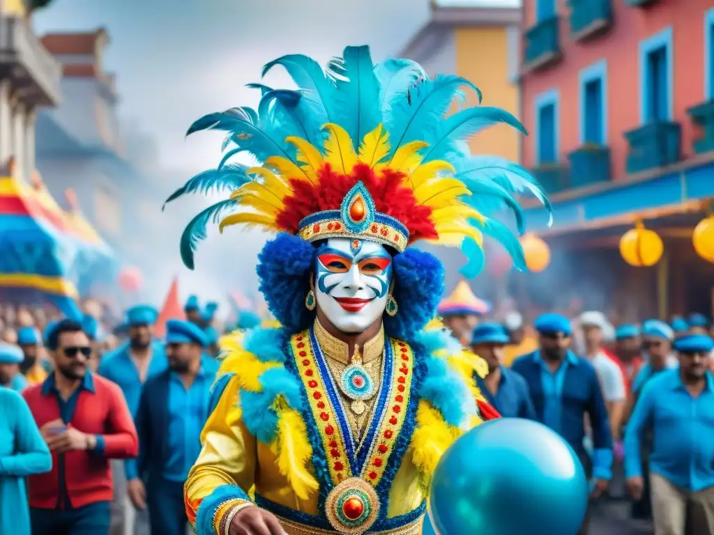 Un desfile de Carnaval en Uruguay con coloridos disfraces, plumas y una multitud animada