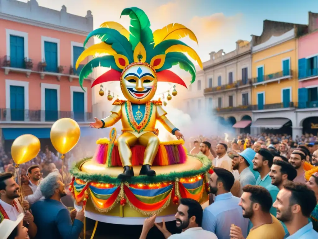 Desfile de Carnaval en Uruguay con coloridos trajes y arquitectura urbana, estrategia marketing campaña Carnaval Uruguay