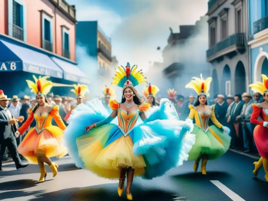 Desfile de Carnaval en Uruguay con coloridos trajes y carrozas detalladas